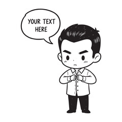 Serious Cartoon Man Buttoning His Shirt with Speech Bubble