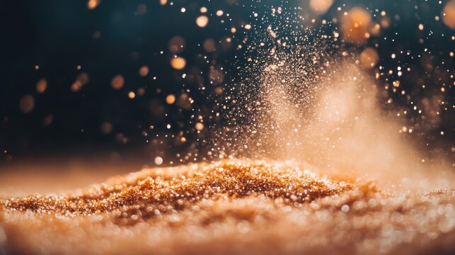 Golden dust explosion on a textured surface, bokeh background