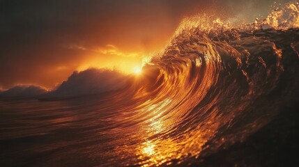 Golden sunset ocean wave crashing