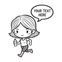 Obraz premium Cartoon Girl in Athletic Wear Jogging with Water Bottle and Speech Bubble