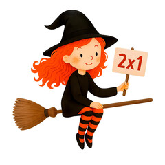 Cute Halloween Witch Holding Promotion Sign Watercolor Illustration, Spooky Witch Character Clipart