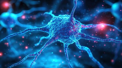 An image showing a neuron with amyloid plaques, associated with Alzheimer's disease, depicted in microscopic detail.