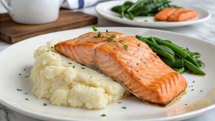 Steamed salmon served with creamy mashed cauliflower and green beans in a bright kitchen setting