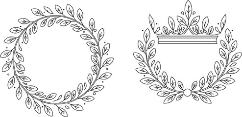 Laurel wreath vector set, floral frame design, decorative leaf border illustration, black and white botanical ornament, vintage emblem template