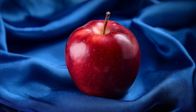 a vibrant red apple rests on rich blue fabric creating a striking color contrast and a sense of classic elegance and simplicity