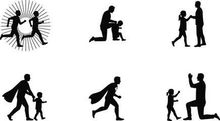 Father and child silhouette family bonding, superhero dad holding hands, parenting love, fatherhood care illustration set for family concept