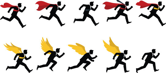 Businessman running superhero silhouette with red cape and golden wings, success motivation concept, leadership ambition achievement business illustration set