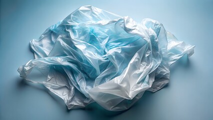 Obraz premium A crumpled white and blue plastic bag lying on a plain blue background, representing waste or packaging