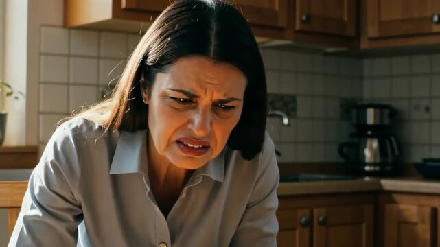 Woman making a disgusted face in a kitchen