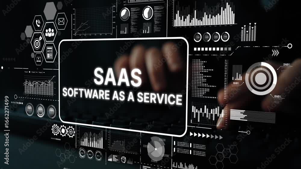 Poster modern digital interface displaying saas software as a service concept with data visualizations and 