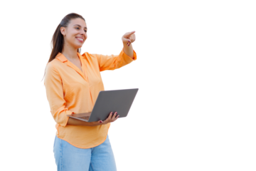 Cheerful businesswoman holding laptop and pointing with finger on transparent background, ideal for easy integration into any design project