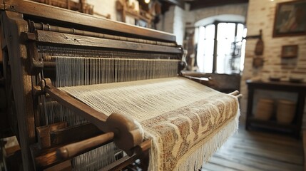 An old wooden hand loom with an unfinished fabric project, representing traditional textile production.