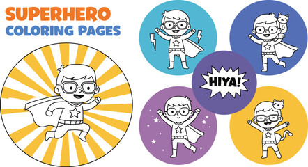 Superhero coloring pages for kids, printable activity sheets, cute superhero boy coloring set, instant download, superhero cat sidekick pages © Moksedul Creative