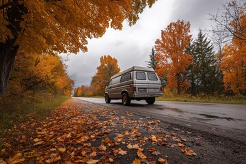 Vintage van on autumn road