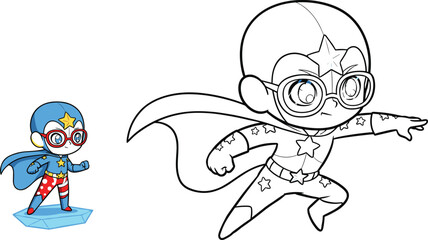 Chibi superhero illustration, star costume cartoon hero, kids coloring page, superhero clipart, printable superhero art, children’s superhero character design