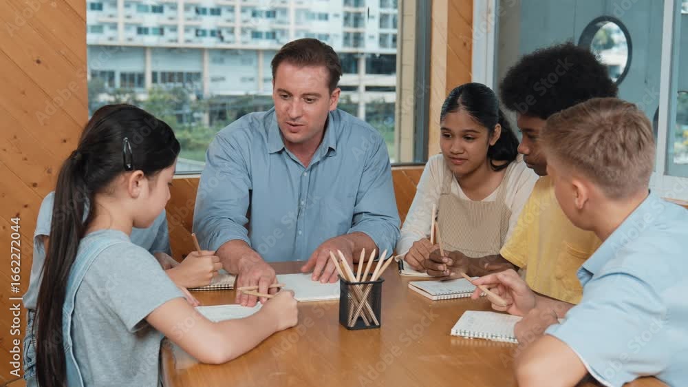 Poster smart teacher talking and explaining work while multicultural children drawing or taking a note in p