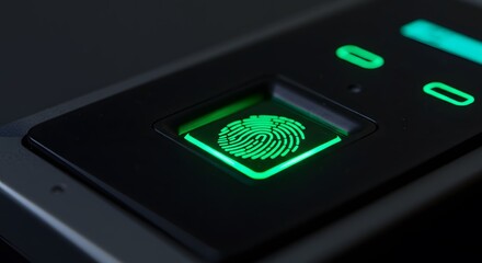 Close up of a glowing green fingerprint scanner on a dark electronic device surface in dim lighting