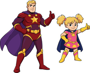 Cartoon superhero dad and daughter, family heroes illustration, father and child in costumes, teamwork power, strong parent bond, kids comic design