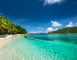 Fototapeta premium serene tropical beach with clear water and lush greenery