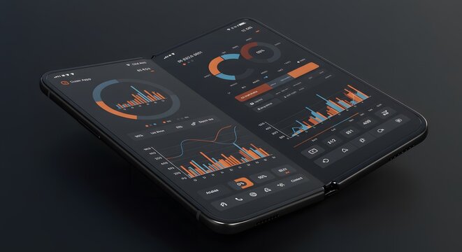 A foldable smartphone displaying data charts and graphs on its screen against a dark background