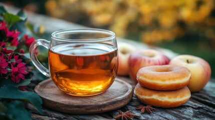Apple cider donuts and warm cider in a garden.