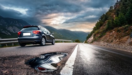 car accident reflection mountain road photo dramatic weather close up view collision impact