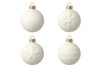 White christmas ornaments featuring unique patterns hanging against transparent surface, ideal for festive design needs