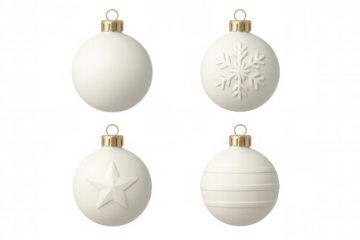 White christmas ornaments featuring unique patterns hanging against transparent surface, ideal for festive design needs
