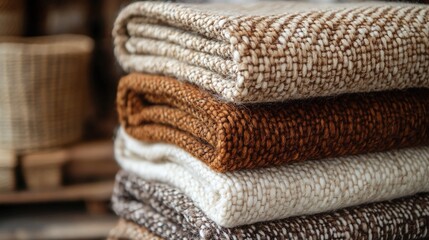 Artisan Wool Throws in Earth Tones: A close-up of cozy, handwoven wool throws, showcasing their warm, natural hues.