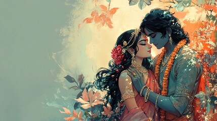 Artistic depiction of Lord Krishna and Radha, Hindu deities embracing each other.