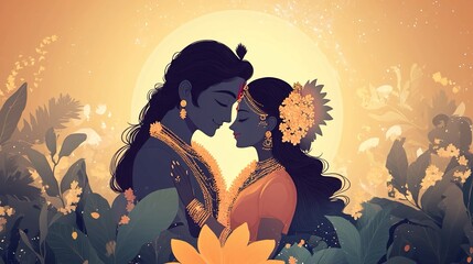 Artistic depiction of Lord Krishna and Radha, Hindu deities embracing each other.