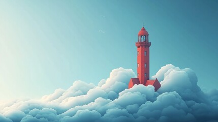 Artistic Tower Illustration, Minimalist Design with Soft Clouds.