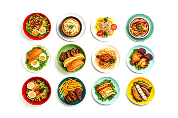 Various dishes served on colorful plates featuring chicken pasta salad and eggs perfect for a restaurant menu or food blog design