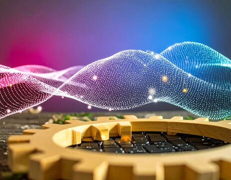 Wooden gear on keyboard with glowing particles - Powered by Adobe