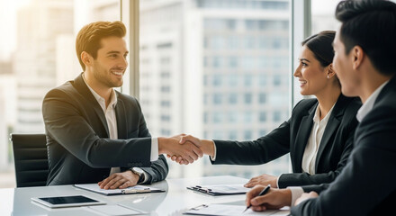 Job Interview, candidate sitting in front of two interviewers in a modern office 