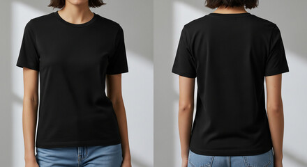 Commercial Use Black T-Shirt Template with Female Model