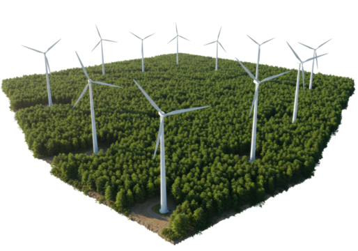 Renewable energy development wind farm aerial forested area eco-friendly innovation. Cut out PNG