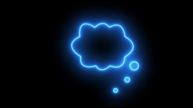 glowing neon simple cartoon thought bubble with three smaller bubbles below, symbolizing ideas and imagination. Creative thought balloon in cloud neon light style, perfect for comics, dialogue design