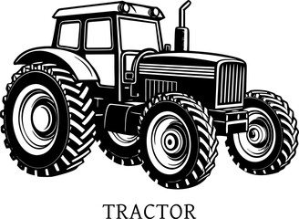 A tractor with large wheels, realistic farm vehicle, isolated on white background. a tractor features its large wheels and detailed front grill. Its minimalistic solid black silhouette.