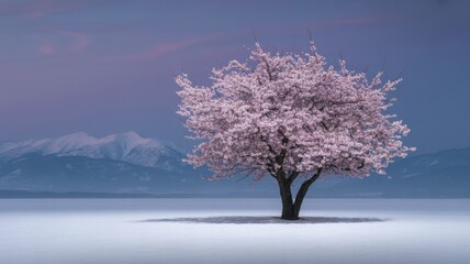 Obraz premium Serene Pink Cherry Blossom Tree in Snowy Landscape at Dusk, Mountain Background
