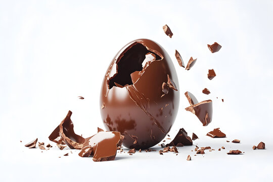 Cracked solid chocolate egg on white background for confectionery design - Powered by Adobe