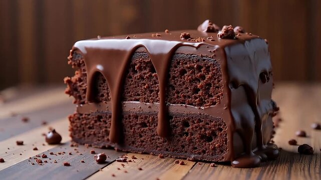 Decadent chocolate cake slice with melting ganache, rich layered cocoa sponge dessert, gourmet dark chocolate fudge cake on rustic wood