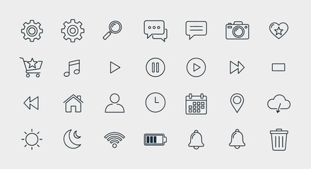 Fototapeta premium Collection of outlined icons representing various symbols and functions, commonly used for digital interfaces.