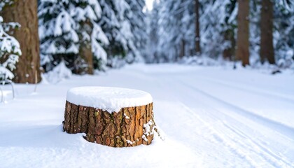 Snow-covered tree stump in a winter forest
