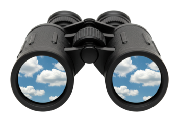 Exploring the sky binoculars focused on clouds outdoor adventure nature aerial observation concept. Cut out PNG