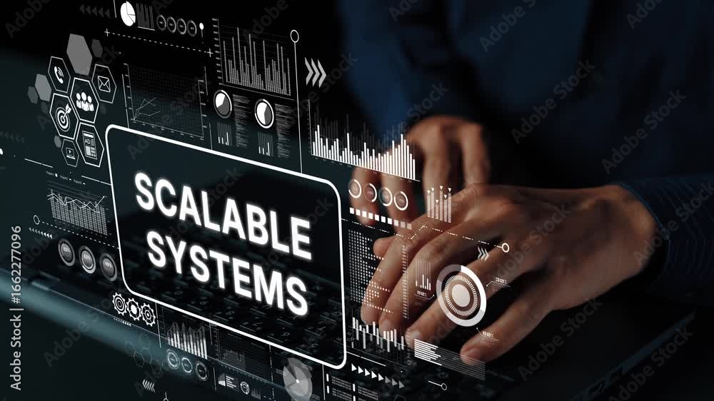Poster modern technology concepts featuring hands typing on laptop with scalable systems graphics overlay. 