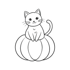 Whimsical cat sitting on a stylized pumpkin line art illustration