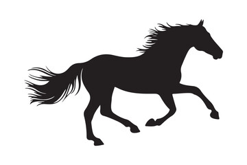 Dynamic black silhouette of a galloping horse in motion with flowing mane and tail