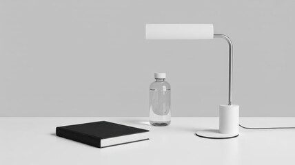 Modern minimalist workspace:  desk lamp, book, water bottle, neutral tones, clean aesthetic.