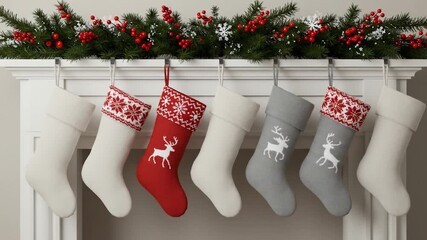 Christmas stockings hanging on fireplace mantel holiday decoration - Powered by Adobe